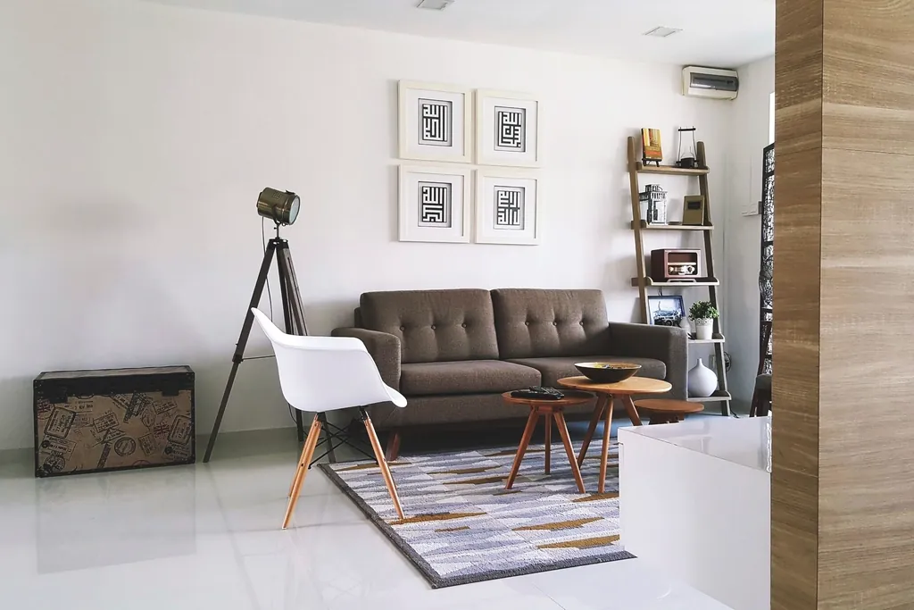Modern living room layout with mid-century furniture